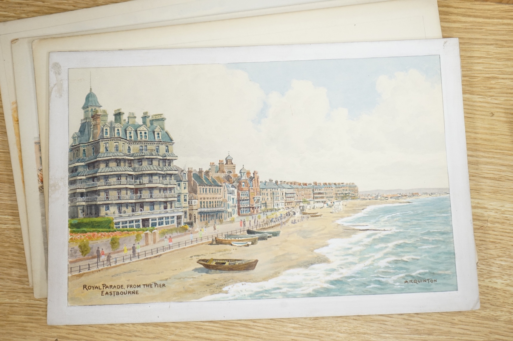 Alfred Robert Quinton (1853-1934), a set of six original watercolours for post card designs, Sussex coast views to include West a parade Bognor, Beachy Head, Eastbourne and Marine Gardens, West Worthing, each signed and